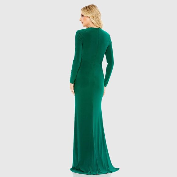 MacDuggal Gathered Pearl Long Sleeve Keyhole Gown Emerald 8 #9801 - Picture 4 of 8